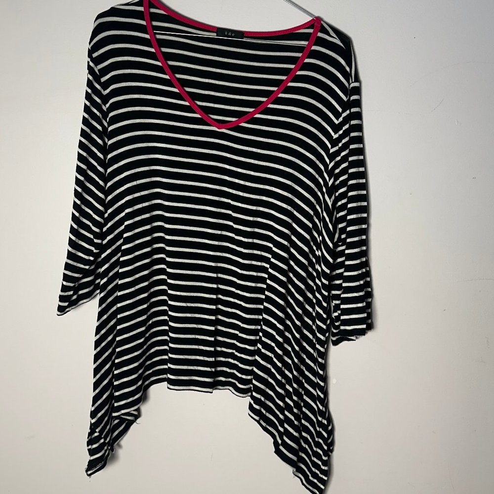 EUC Womens K & C Black White & Pink Stripes 2X 3/4 Sleeve Shirt Blouse Top